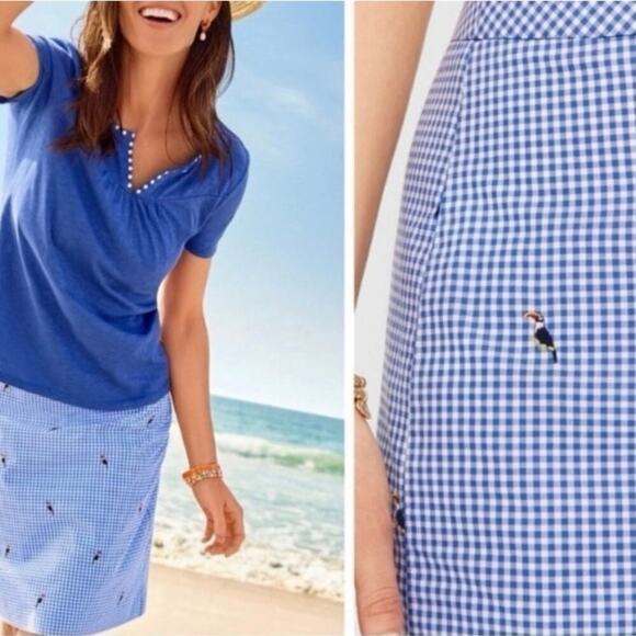 Talbots Sz 8P Blue Gingham Toucan Bird Embroidered Mini Skirt Preppy Fitted - Picture 9 of 16